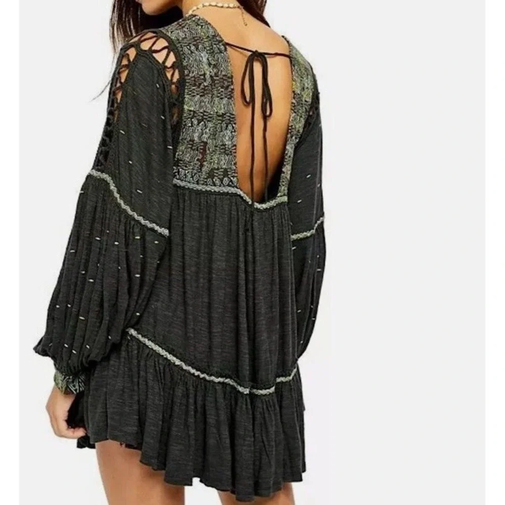 $148 Free People Much Love Tunic / Mini Dress Embroidered Cutout Back Black Sz S